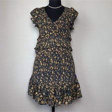 Olivaceous Mini Dress Large Black Gold Floral Ruffle Smocked Fairy Whimsygoth