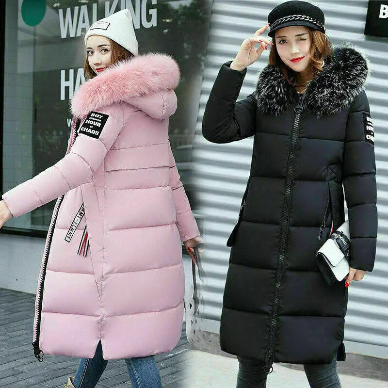 Winter Warm Women Girl Puffer Fur Long Quilted Parka Ladies Coat Hooded  Jacket