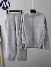  Sweaters Coats Set Women Coats Wide-leg Pants Sets Autumn Winter 2 Pcs