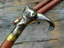 Antique Solid Brass Cat Head Handle Vintage Wooden Walking Stick Nautical Cane 1