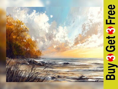 Herbst Strand Sonnenuntergang 5''x7'' Druck auf mattem Papier | Ruhige Kunstwerke am Meer