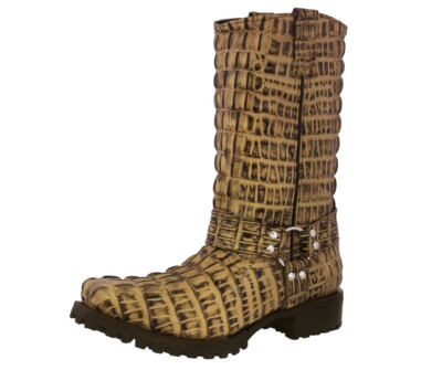 Mens Motorcycle Boots Leather Harness Alligator Print Square Rustic Sand Botas