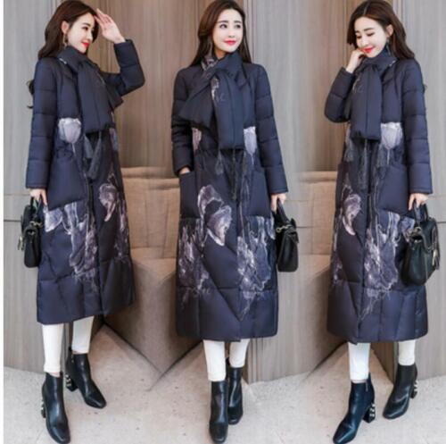 Women Cotton Long Coat Overcoat Winter Floral Overcoat Belt Slim Fit Warm Snow