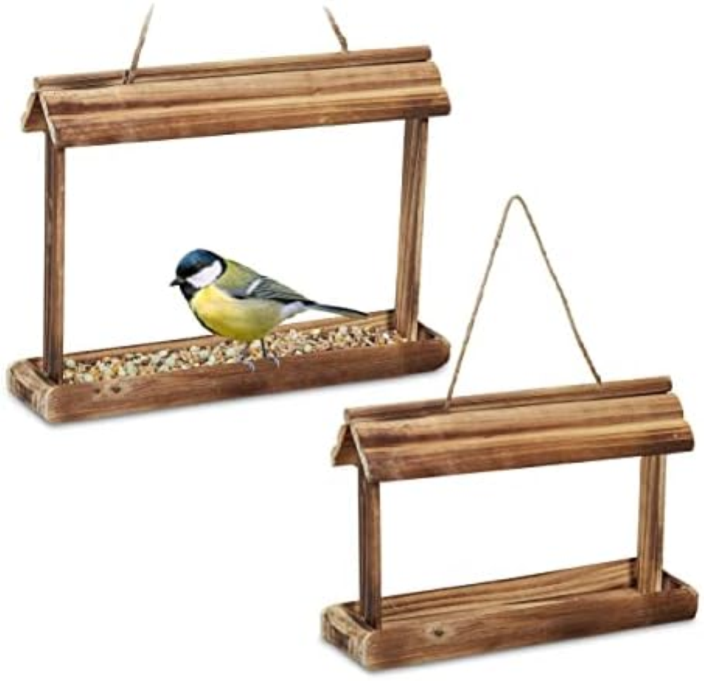 Relaxdays Mangiatoia per Uccelli in Set da 2, Base in Legno, per Mangime, da App