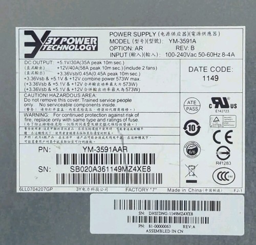 HP 595W 3Y Server Power Supply PSU For MSA2000 AJ940A (YM-3591A) (592267-001) - Picture 2 of 3