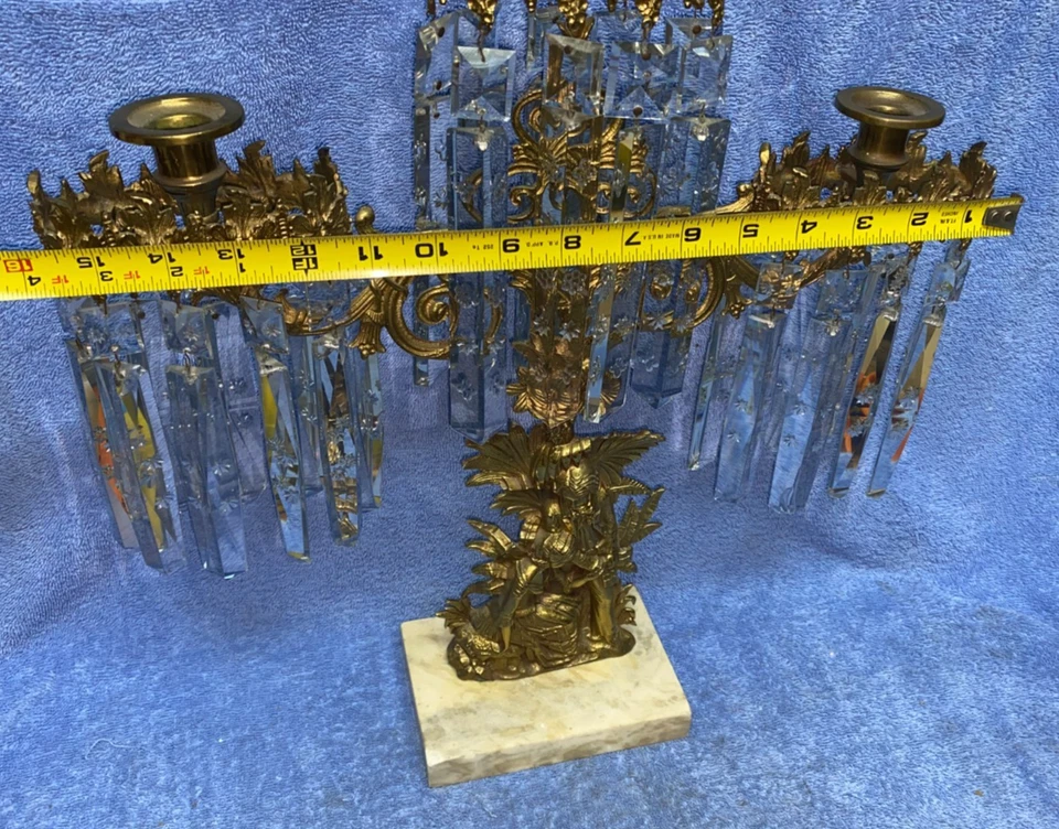 Candelabro antigo girandole bronze mármore e cristal prisma chamado de momento terno - Imagem 4 de 4