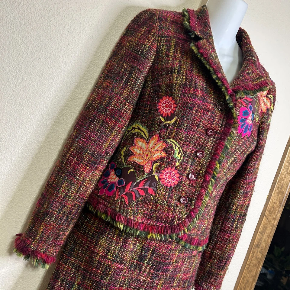 JON by Teri Jon Tweed Suit Jacket Skirt Womens 6 Wool Tweed Fringe Floral 3878 - Image 4 of 4