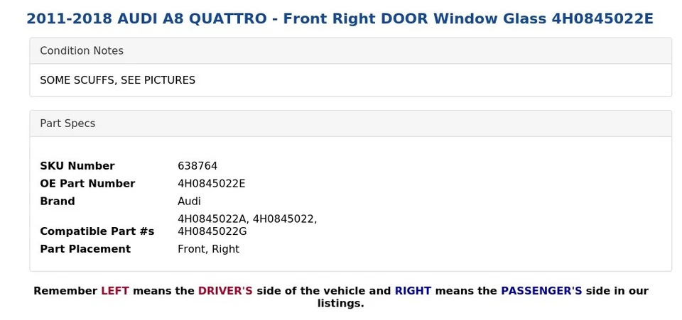 2011-2018 AUDI A8 QUATTRO - Vidro frontal direito para janela 4H0845022E - Imagem 4 de 4
