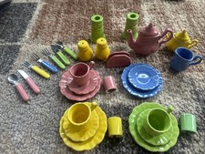 Vintage Frenzy Toys Ceramic Child's Dishes Tea Set Fiesta Colors 29 Pieces 4