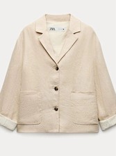 Zara Cream 100% Linen Cropped Boxy Blazer, XS, NWT