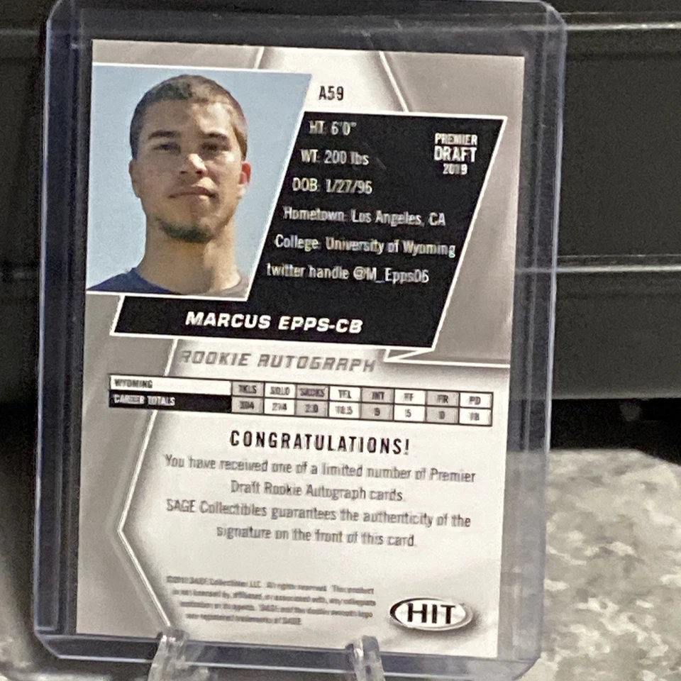 2019 Sage Hit Premier Draft Rookie Auto Black Marcus Epps #A59 Auto - Image 3 of 3