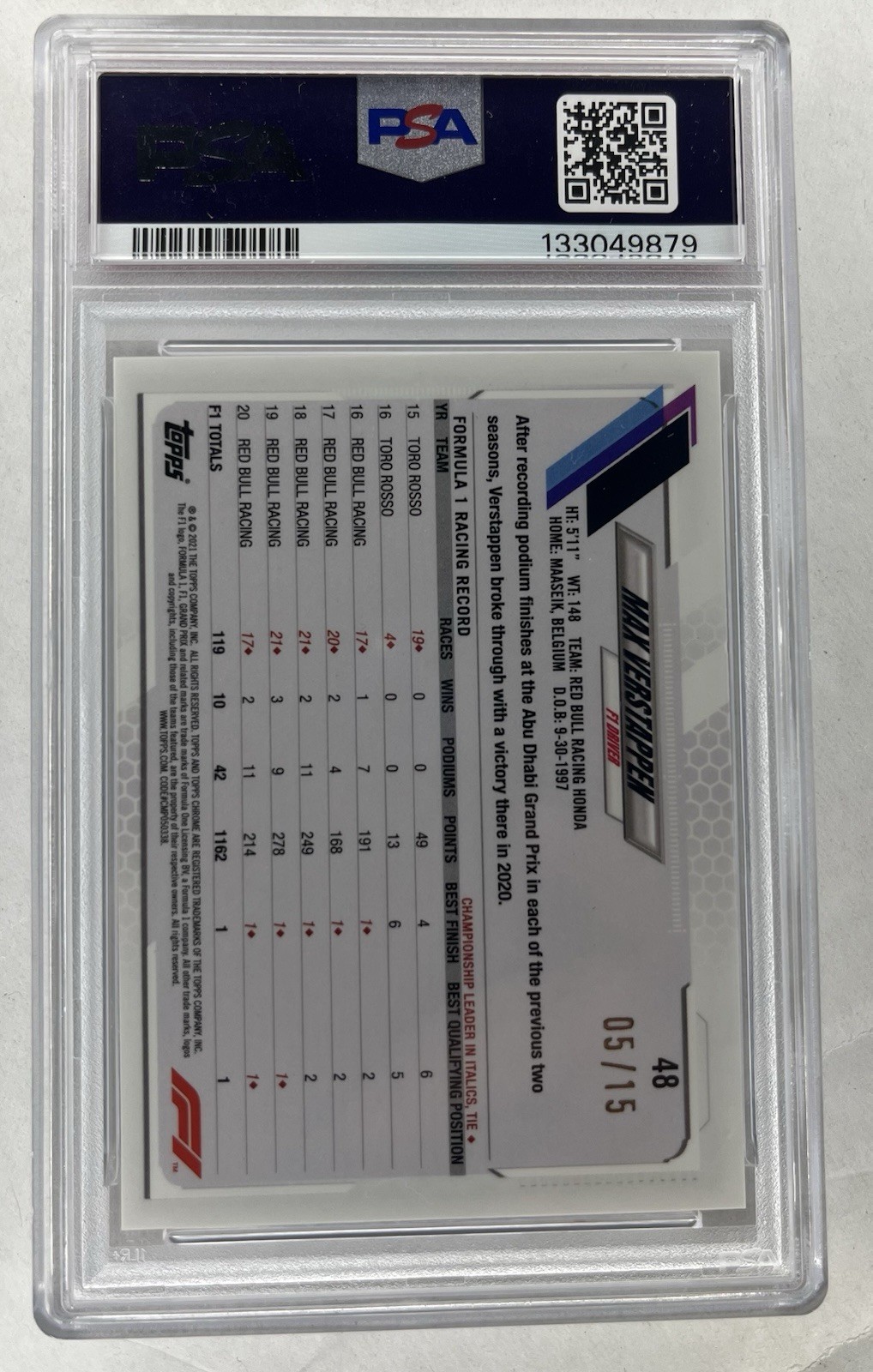 2021 Topps Chrome Max Verstappen Sapphire Black & White 05/15 PSA 9 view 2