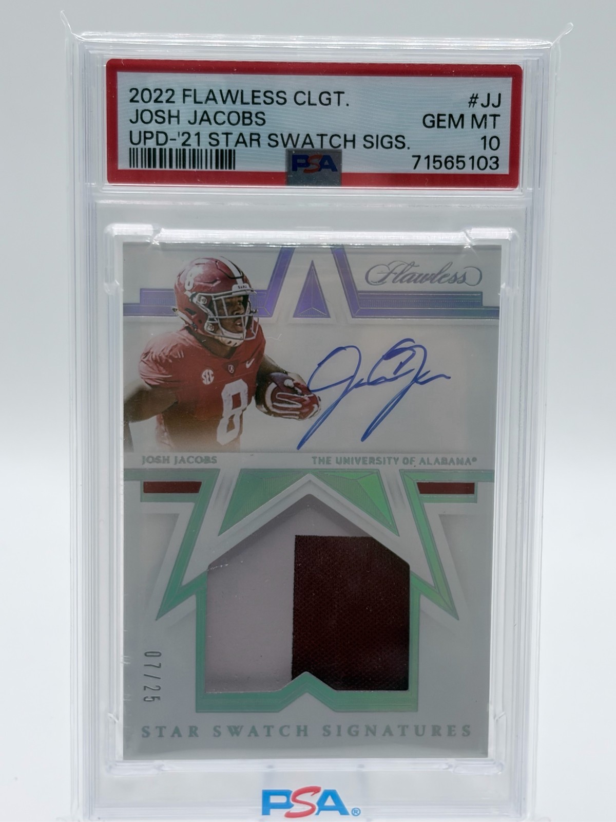 2022 CLGT Josh Jacobs UPD-'21 Star Swatch Sigs Patch Auto /25 PSA 10 view 1
