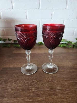 Antique Ruby Blood Red Wine Goblets Glasses Cristal D'Arques Durand Crystal 8'' 2