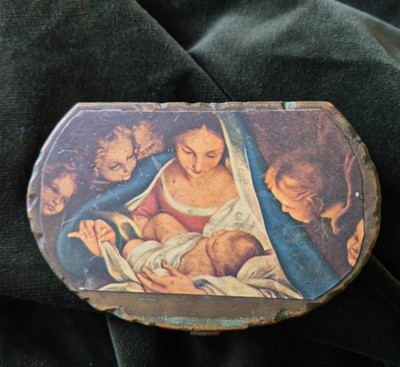 VTG Italian Florentine Wood Bowfront Trinket Box Madonna & Child Cherub Hinged