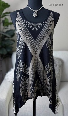 New VOCAL Womens CRYSTAL STUDDED BLACK TAUPE AZTEC TUNIC TANK TOP S Small STUD