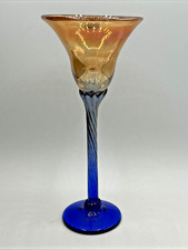 Rick Strini Signed Studio Art Glass Tulip Iridescent Marigold & BLUE Twist Stem