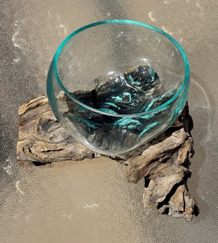 Unique LG Molten Glass Sculptural 6" Bowl on Natural Teak Driftwood Root - Picture 2 of 7