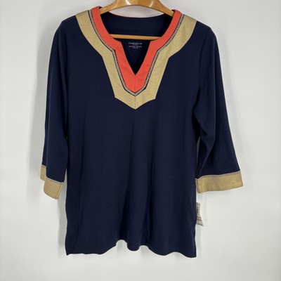 Charter Club Shirt Womens 2X Navy Blue Red Gold Tunic 3/4 Sleeve Embellished Top