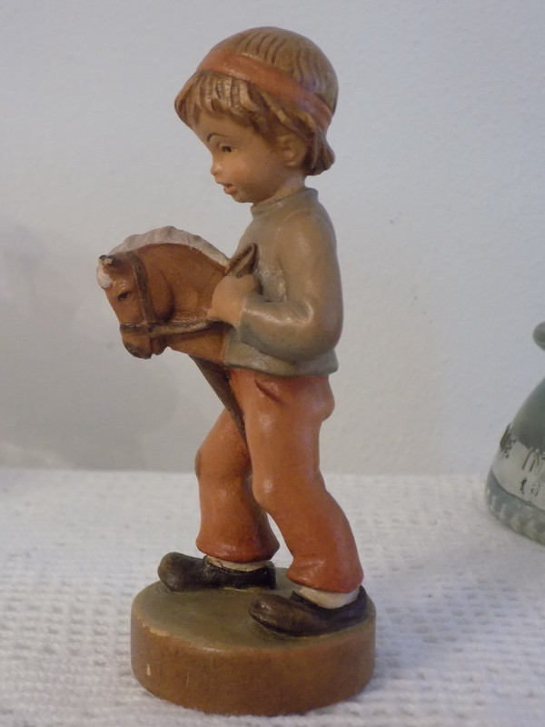 VTG Dolfi Wood Figurine Boy Playing Indian with Stick Toy Pony 26/3000