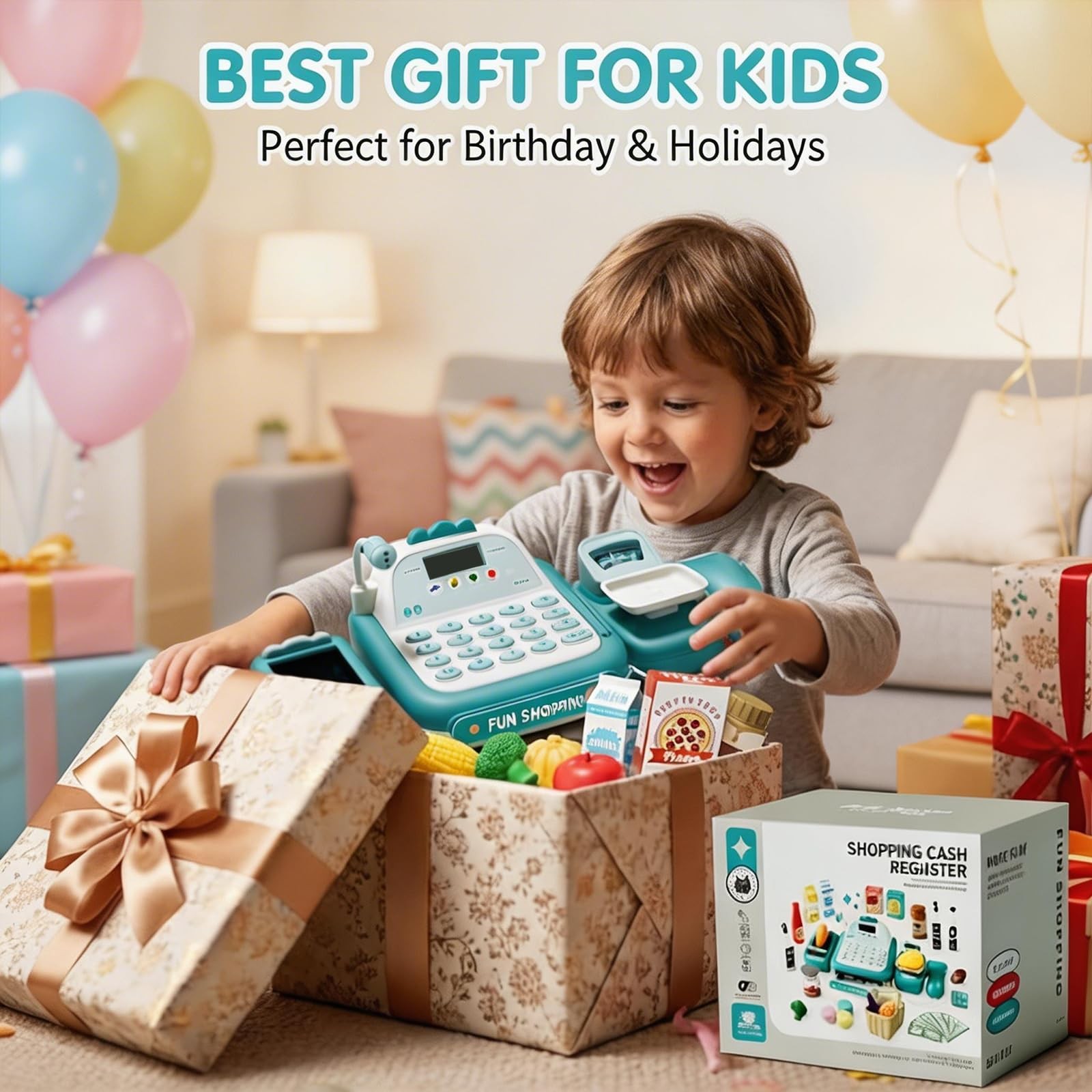 как выглядит STACTCUTE 49Pcs Cash Register Toy Set for Kids, Child-size/Miniature, Green фото