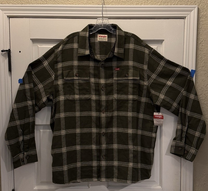 New Wrangler Shirt Mens XL Authentics Flannel Green White Plaid Button Up Shirt