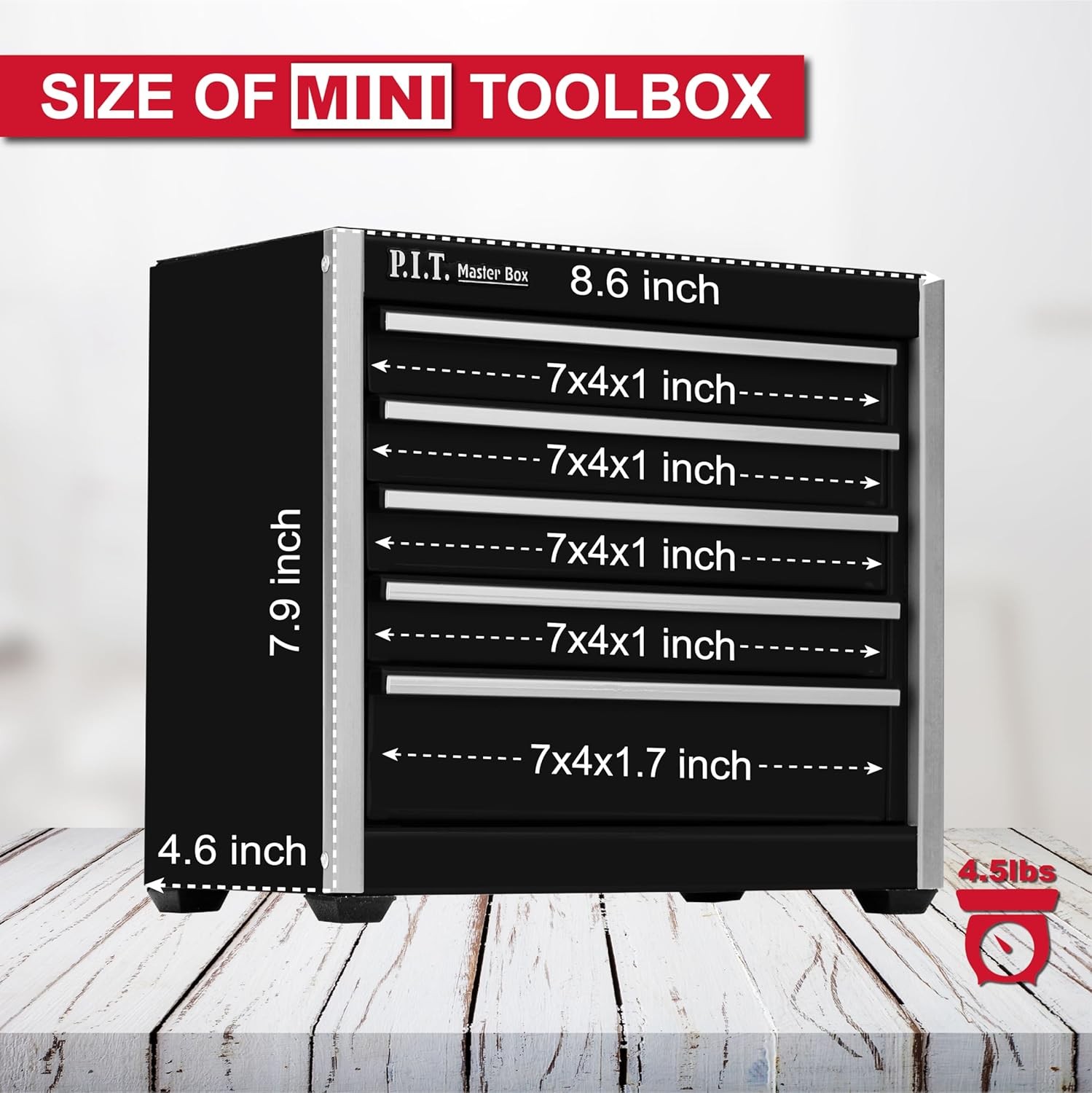 P.I.T. Mini Black Tool Box, Portable 5-Drawer Micro Roll Cab Steel Stackable