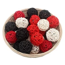 Set of 15 Mixed Black Red White 2" Small Decorative Wicker Rattan Balls 