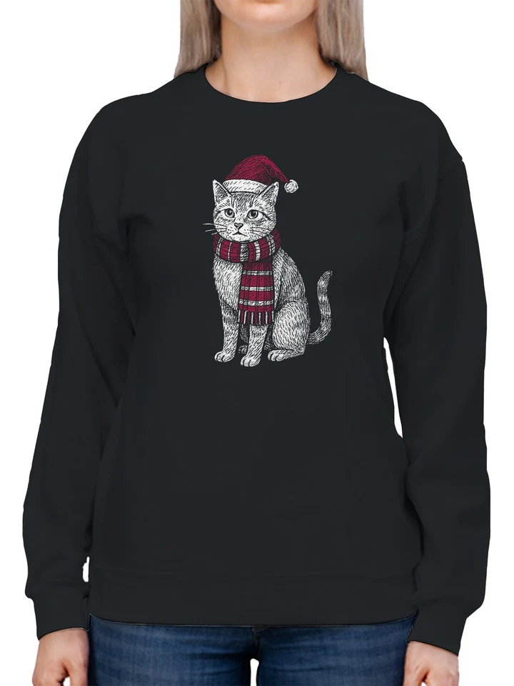 Festive Cat in Santa Hat Art Women's Sweatshirt - Image 2 of 3