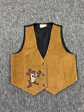 Looney Tunes Leather Vest Men Medium Suede Tasmanian Devil Embroidery Vtg 90s