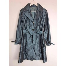 Next Vintage Trench Coat Size 12 Y2K Emerald Green Shiny Belted Long Mac Jacket