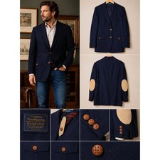 Pendleton Country Traditions Mens Navy Wool Blazer Suede Elbow Patches USA Made