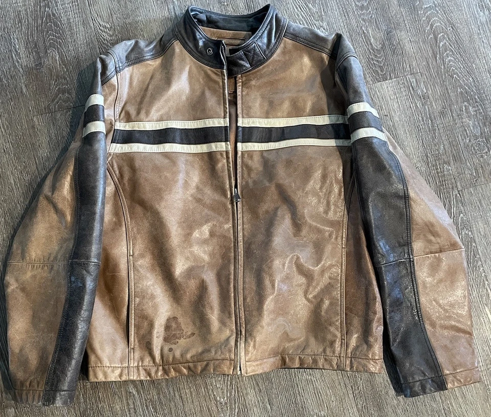 ROUNDTREE & YORKE Leather Jacket Size XL Brown Striped Full Zip - Image 2 of 4