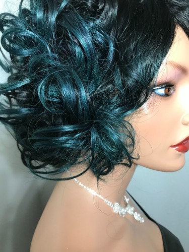 NWT Quick And Easy New Born Free High Heat Emerald Blue And Black Curly Wig - Picture 3 of 9