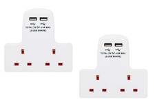 2 Way Gang Multi-Plug 13A Wall Socket Adapter with 2x USB Port White Set of 2