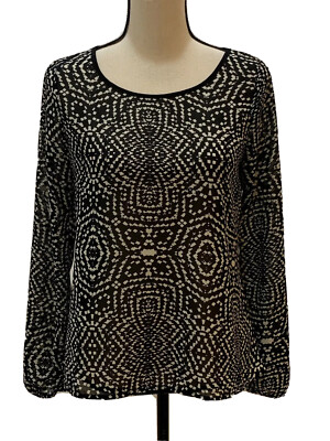 Eyelash Couture Women Blouse Black White Tribal Print Semi Sheer Size Small
