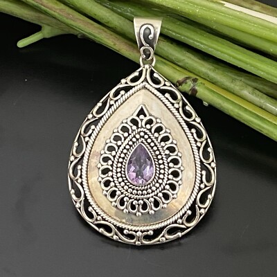 Vintage DP 925 Sterling Silber filigran Bali Amethyst große Träne Anhänger 26g