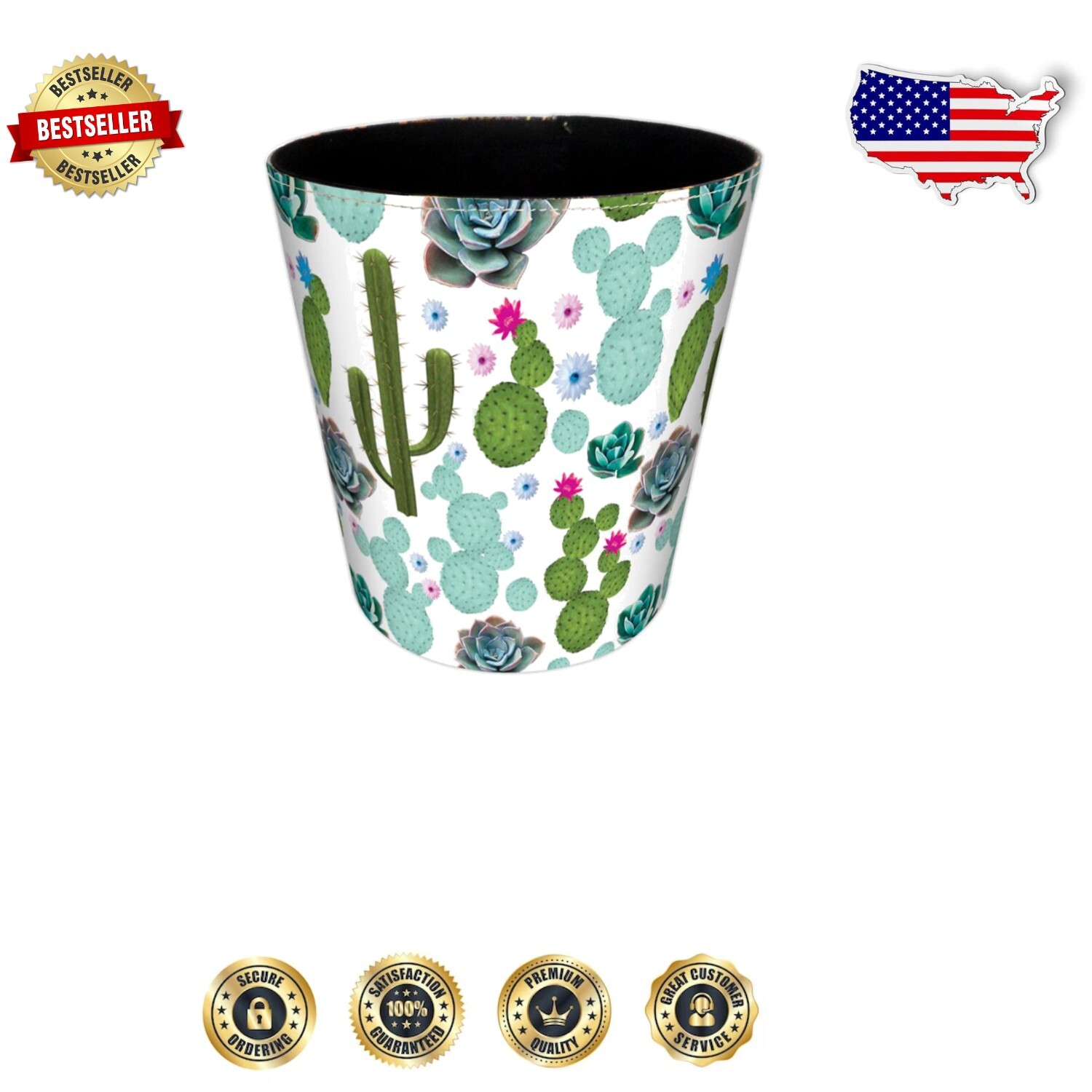 Elegant Cactus Pattern PU Leather Wastebasket - 10L Decorative Trash Bin