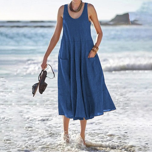 Women's Solid Casual Sleeveless Midi Dress Ladies Holiday Cotton Linen  Sundress | eBay