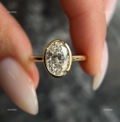 Oval Lab Grown Diamond 18K Gold Solitaire Bezel Sister Father's Day Elegant Ring