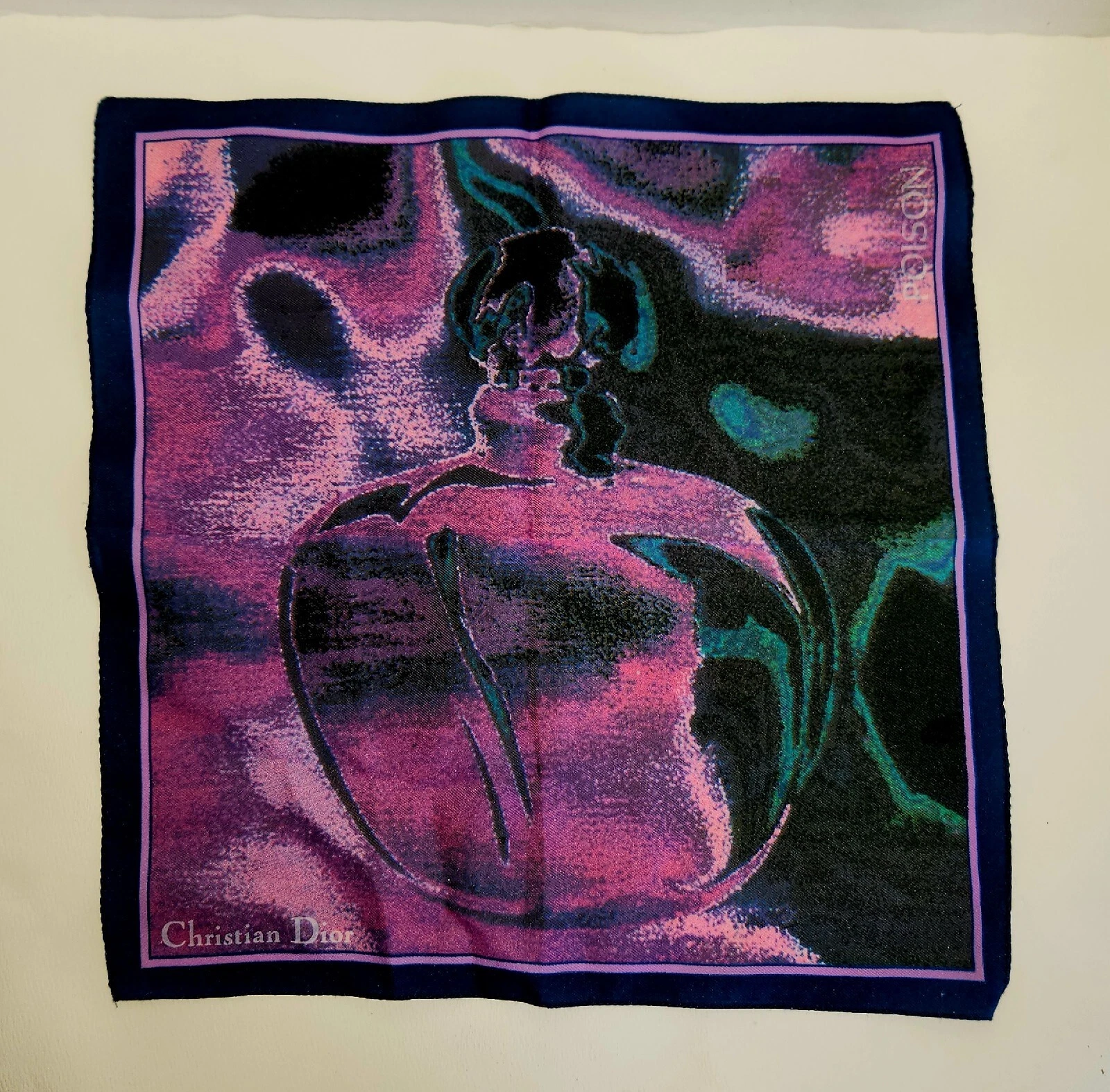 Mini foulard vintage Christian Dior POISON mouchoir Hankie violet rose bouteille
