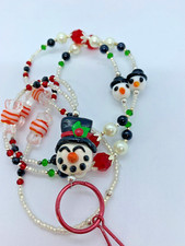 NEW Handmade SNOWMAN  Peppermint Candy Beaded Lanyard 37"