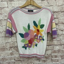 Mariea Kim Sweater Vintage Short Sleeve Floral Knit Pastel 80  s Small Pink