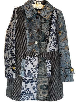 Venus Women s 10 Tapestry Patchwork Coat Blues Decorative Buttons Knee Length