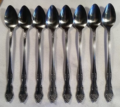 Set 8 ICED TEA SPOONS Rogers Co Stainless Korea Dream Rose Aka Rose Bud