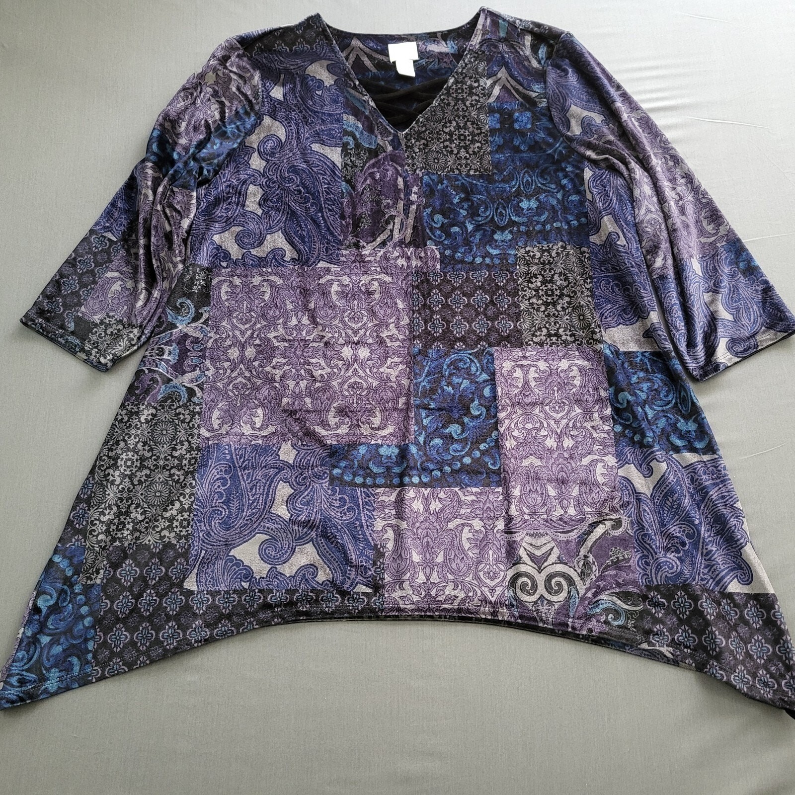 Chicos Patchwork Paisley Sharkbite Tunic Top Blue… - image 1