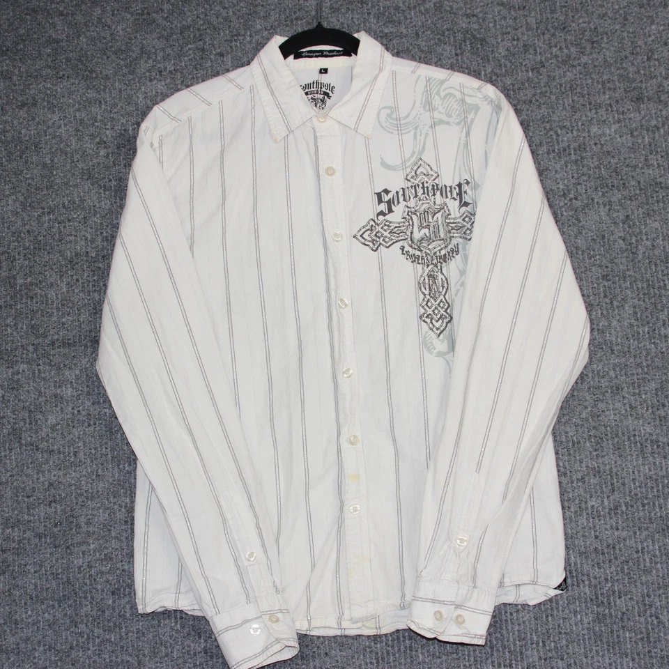 Y2K Southpole Premium Mens Large Button Down Shirt Stripe Cross Graphic - Image 2 of 4