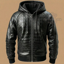 Men's Black Crocodile Print Leather Hoodie Genuine Soft Lambskin Leather Hoodie