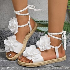 Sandalias planas con cordones y correa cruzada para mujer Bohemia Flores Verano Zapatos romanos