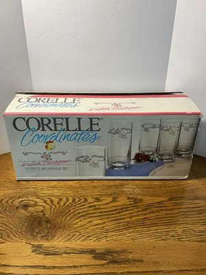 Vtg 1994 Corelle Coordinates English Breakfast 10 Pc Beverage Set 16oz Glasses